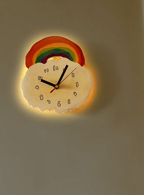 文艺小清新彩虹静音挂钟表云朵高颜值多巴胺配色遥控发光装饰时钟