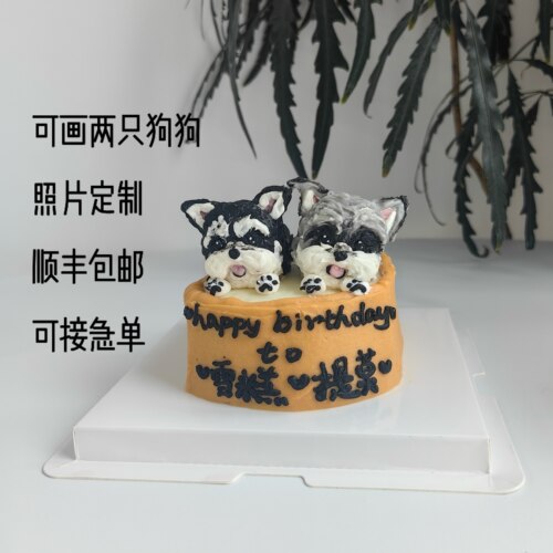 自制可爱吐司小狗宠物蛋糕 按猫咪狗狗照片定制 可画两只狗狗