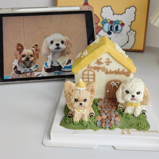 PuppyHouse宠物生日蛋糕猫咪狗狗立体形象定制画两个狗狗全国可发