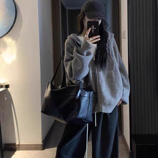 BATTLEMIND慵懒风连帽拉链针织开衫 女宽松灰色毛衣外套松弛感上衣