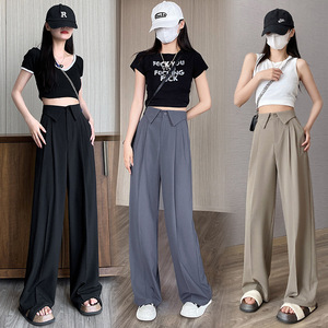 美式深蓝色扩腿裤女春新款高腰显瘦宽松阔腿裤直筒束脚休闲西裤