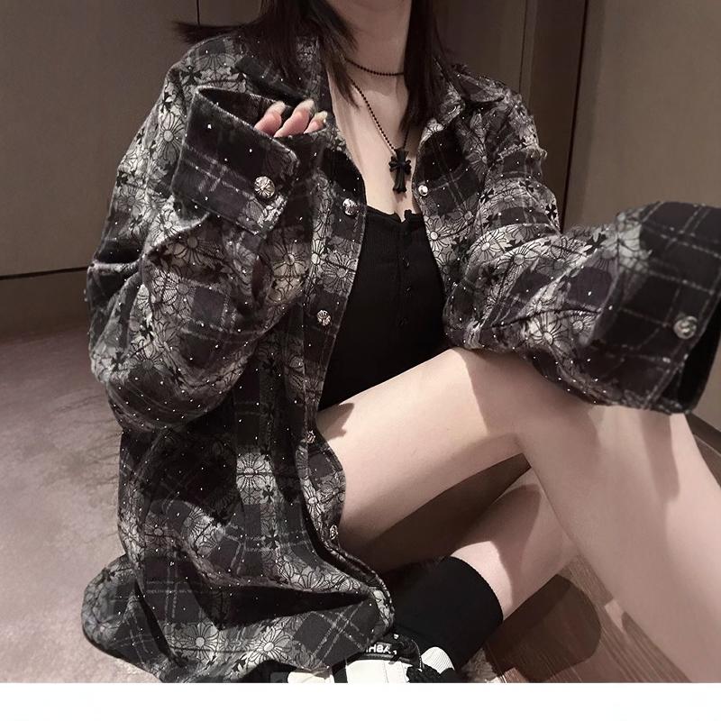 潮曼曼重工满钻格子闪亮衬衫女