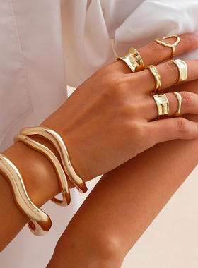 欧美跨境朋克风重金属不规则手饰 简约设计感弯曲波浪形开口手镯