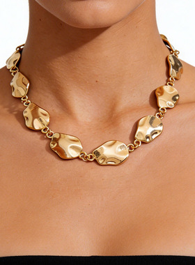 欧美跨境百搭敲打纹椭圆拼接锁骨