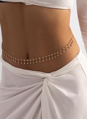 欧美跨境饰品 民族钻流苏单层身体链  嘻哈几何辣妹金属腰链