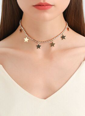 欧美跨境饰品 简约单层爪钻链五角星吊坠项链女 冷淡风金属链项饰