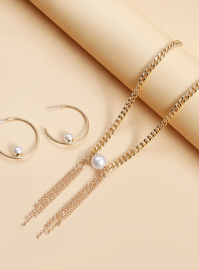 欧美跨境饰品ins风不对称长款流苏吊坠锁骨链简约百搭仿珍珠配饰