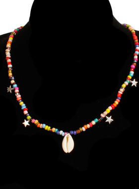 欧美跨境饰品 时尚彩色米珠贝壳项链 女士五角星手工穿线锁骨链
