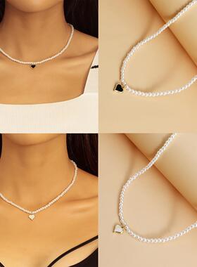 简约手工串珠仿珍珠小号迷你爱心吊坠项链女创意气质圆珠链条项饰