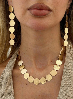 欧美跨境简约拼接圆片单层锁骨项链女 百搭几何钱币ins金属项饰品