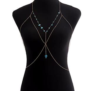 欧美饰品 简约一体式挂脖几何松石胸链 性感夜店比基尼身体链腰链