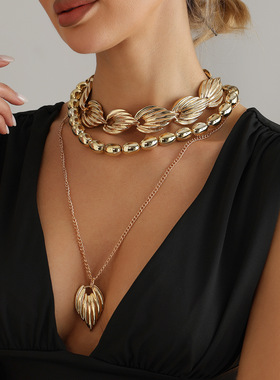 欧美跨境饰品复古纹理叶片吊坠项