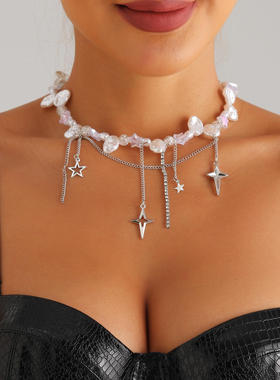 欧美冷淡风十字星镶钻仿珍珠项链时尚个性叠戴气质高级锁骨链项饰
