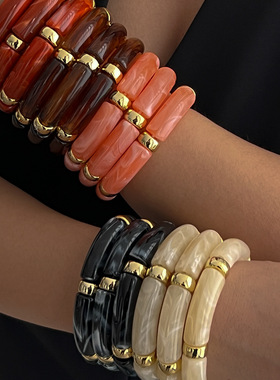 欧美跨境复古串珠弯管叠戴手链套装 冷淡风个性几何bracelet手饰