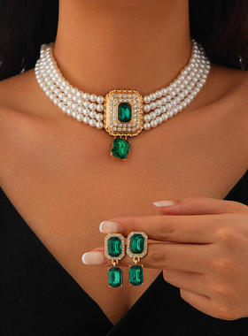 欧美跨境复古方形满钻宝石仿珍珠项链 气质法式多层项饰品首饰