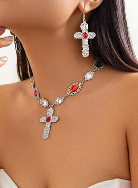 欧美跨境夸张红宝石微镶十字架