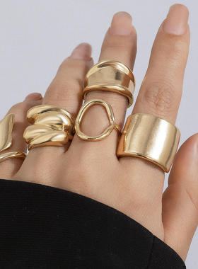 欧美不规则光面开口肌理感手饰 几何金属风复古熔岩戒指套装