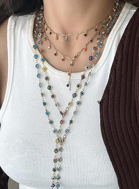 欧美跨境爱心形长款眼睛流苏项链女 叠戴多层Y形仿珍珠度假项饰品