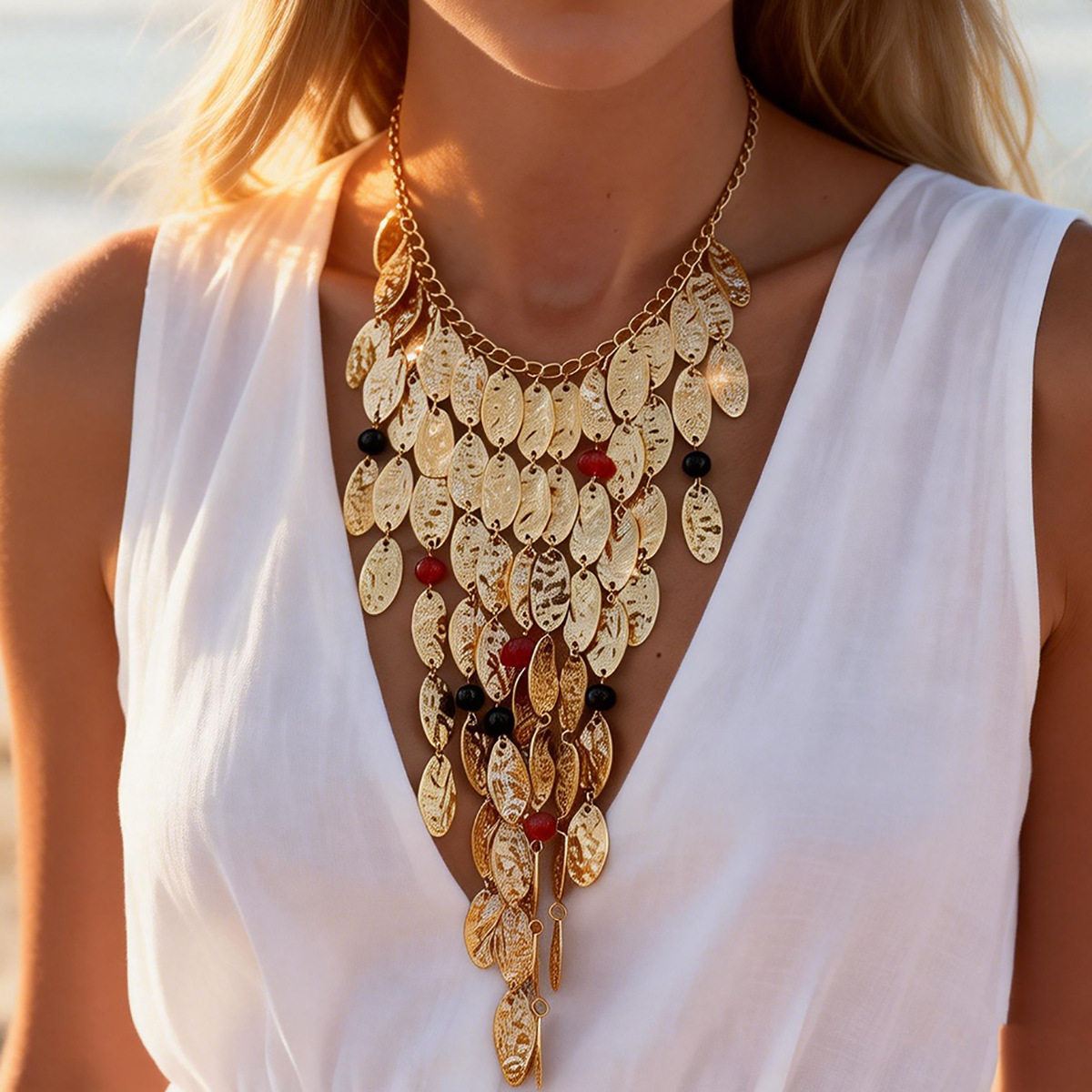 欧美跨境复古重工敲打纹亮片吊坠项链 夸张ins彩色串珠流苏项饰品,饰品/流行首饰/时尚饰品新,项链,淘宝优惠券,粉丝福利购,淘宝优惠卷