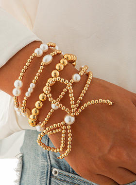 欧美跨境ins简约蝴蝶结串珠手链套装 百搭叠戴珍珠夸张多层手饰品