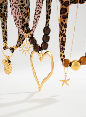 欧美跨境美拉德豹纹珍珠丝巾项链