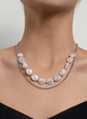 欧美跨境饰品 女士不规则扁形珍珠项链 创意朋克新款个性链条项饰