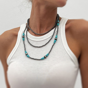 欧美跨境波西米亚叠戴松石蝴蝶结手工项链纳瓦霍风串珠民族项饰女