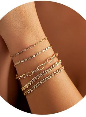 欧美跨境女士金色手链套装 时尚薄款简约叠戴古巴链十字链手饰女