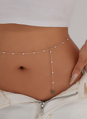 欧美跨境时尚简约几何桃心流苏身体链 气质仿珍珠链条爱心腰链女