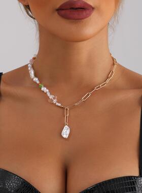 欧美跨境饰品 轻奢彩色串珠项链 时尚仿珍珠拼接链条项饰套装