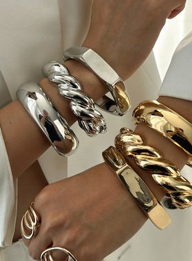 个性金色光面螺纹叠戴ins手镯 复古六边几何镜面夸张欧美跨境手环