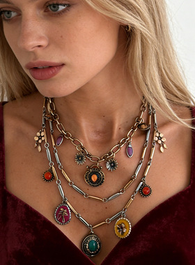 欧美跨境复古设计花朵爱心ins吊坠项链 小众文艺宝石民族风项饰品