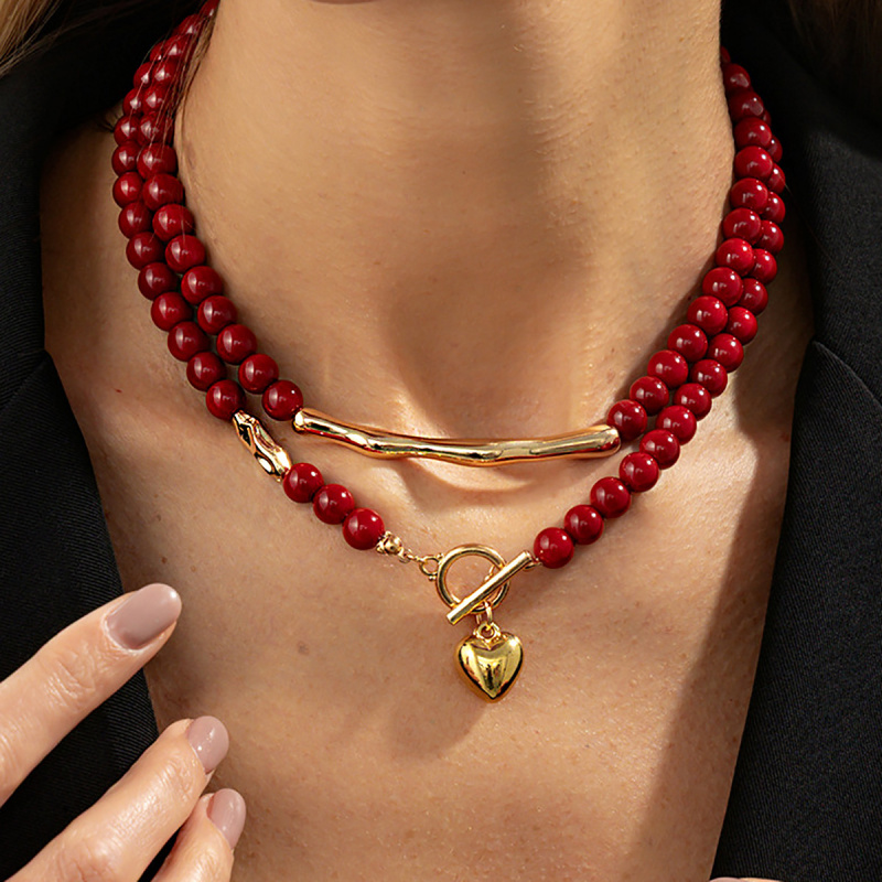 欧美跨境红色串珠OT扣爱心吊坠项