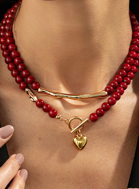 欧美跨境红色串珠OT扣爱心吊坠项
