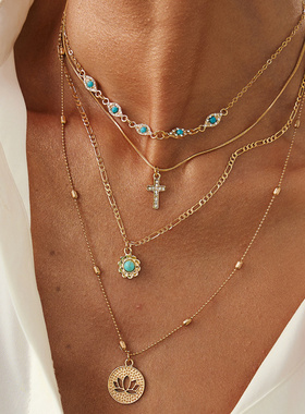 欧美跨境民族风莲花水滴吊坠项链