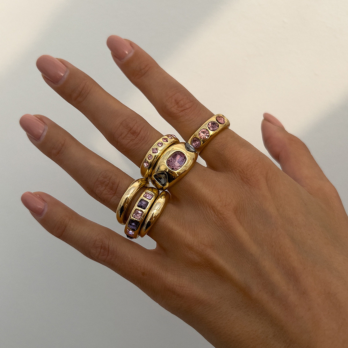 thumbnail for European and American cross-border Rings open ring set hand jewelry Retro micro-setting temperament color inlay stacked rings
