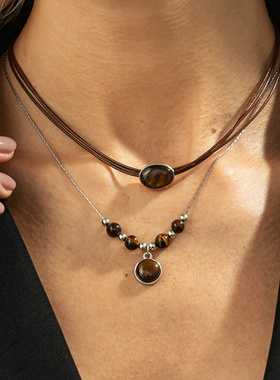 欧美跨境复古虎石吊坠叠戴项饰品