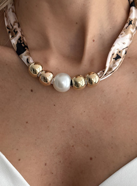 欧美跨境创意ins布艺打结珍珠项