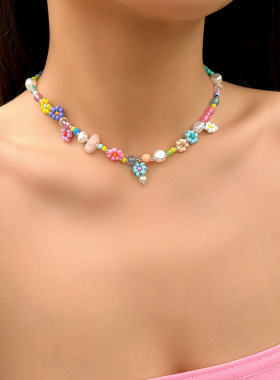 欧美跨境饰品 甜美串珠锁骨链花朵项饰 手工时尚个性米珠项链女