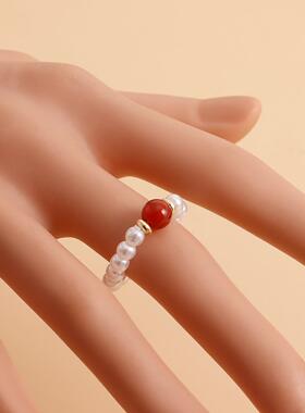 波西米亚七彩天然石仿珍珠戒指