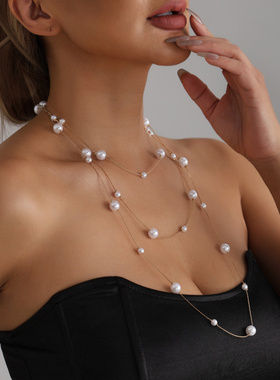 欧美跨境饰品复古长款几何珍珠项