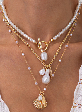 欧美跨境ins仿珍珠叠戴贝壳吊坠