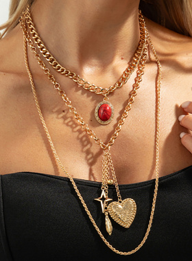 欧美跨境饰品复古印花爱心形四芒