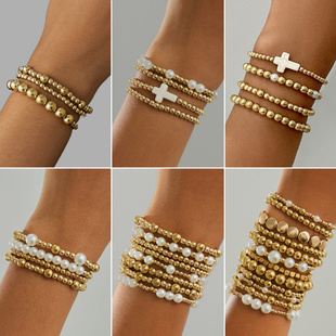 欧美跨境复古十字架串珠叠戴手饰品女 简约百搭圆珠弹力手链套装