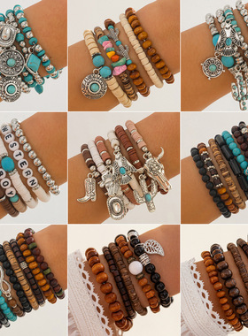 欧美跨境民族叠戴串珠弹力手链 个性美拉德复古牛头松石圆珠手饰