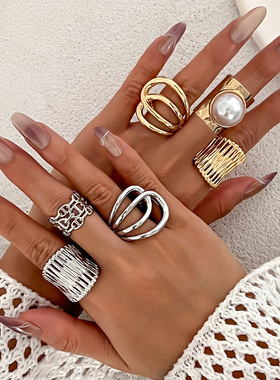 欧美夸张珍珠光面跨境小众几何指环 个性ins线条宽面关节戒指手饰