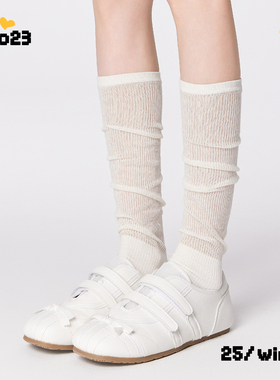 白色小腿袜女夏薄款2025超火袜子纯色条纹棉透气堆堆袜修饰腿型