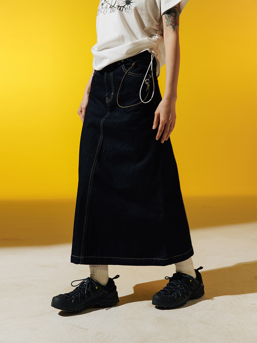 daikon lab 23ss山系复古简约休闲工装水洗原色百搭a字裙牛仔长裙