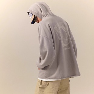 DAIKON Lab.25aw重磅复古印花水洗做旧毛边廓形男女休闲连帽卫衣