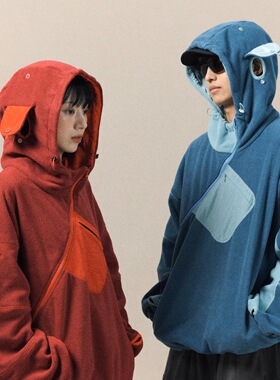 DAIKON Lab.25aw山系户外斜拉链拼接廓形小狗耳朵摇粒绒连帽卫衣